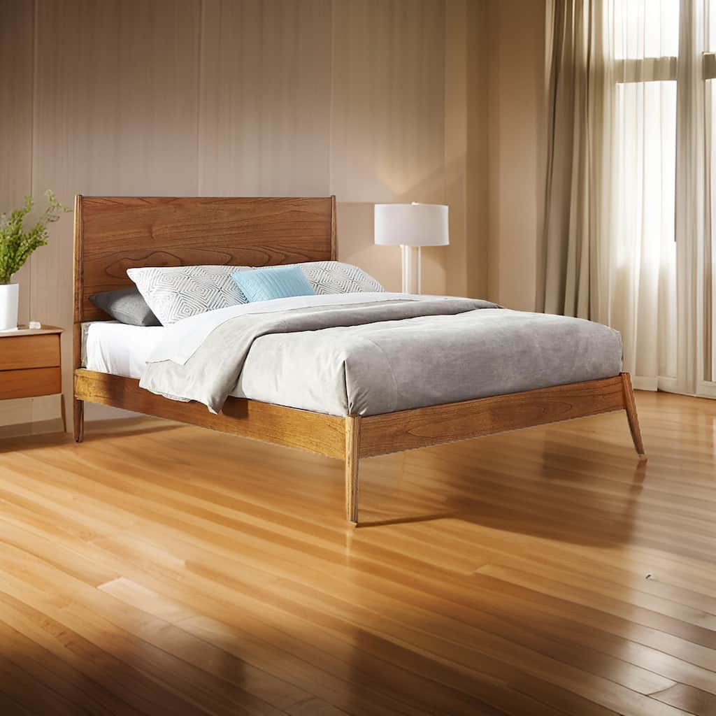 Amy Queen Size Platform Bed, Low Profile Frame, Panel Headboard, Brown