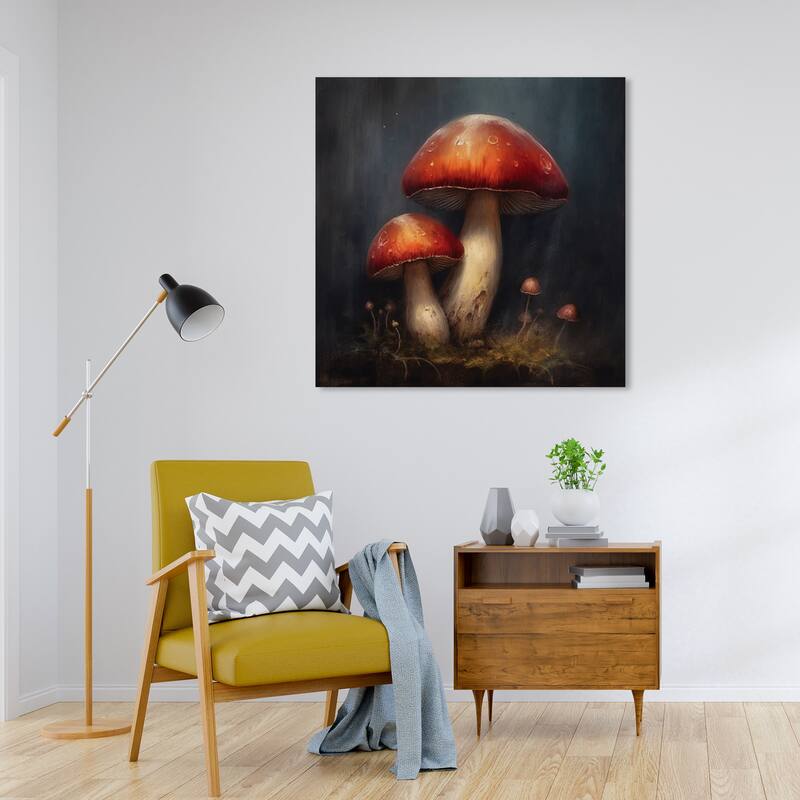 Wynwood Studio Canvas Floral and Botanical Mushrooms in the Night Red and Dark Gray Traditional Wall Art Canvas Print - 30 x 30