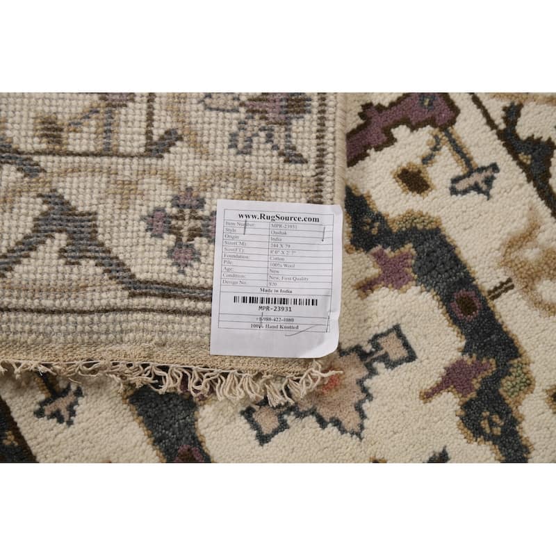 All-Over Ivory Oushak Indian Runner Rug Hand-Knotted Wool Carpet - 2'7"x 8'0"