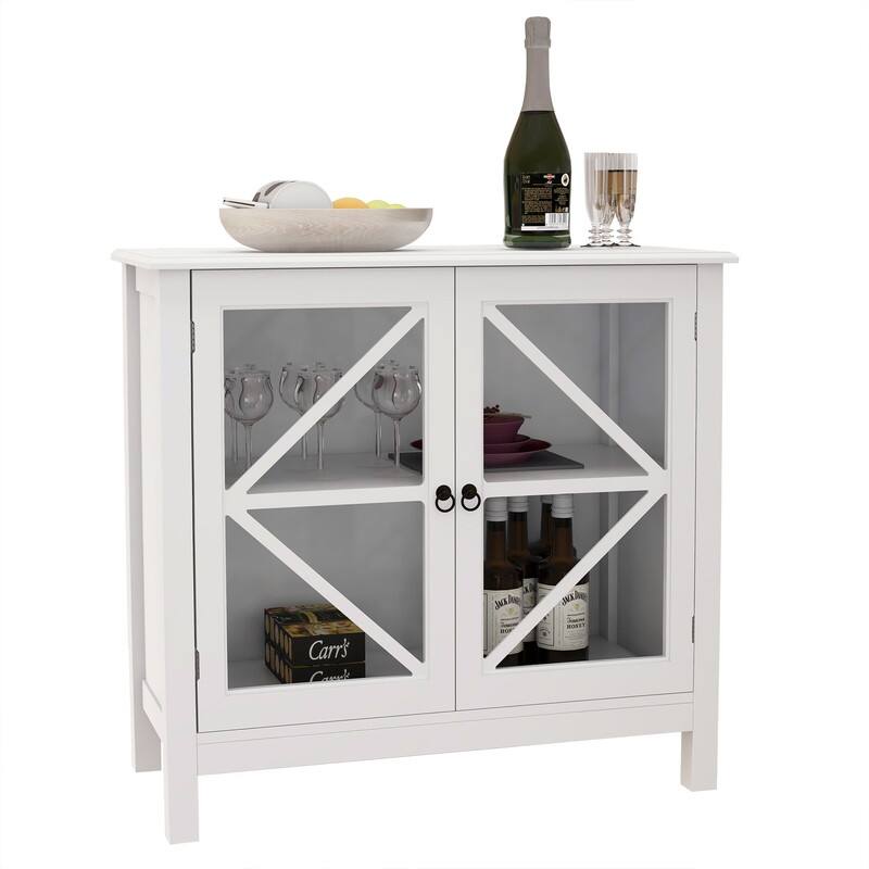Retro Style Wood Storage Cabinet with Glass Doors For Kitchen or Living Room Use