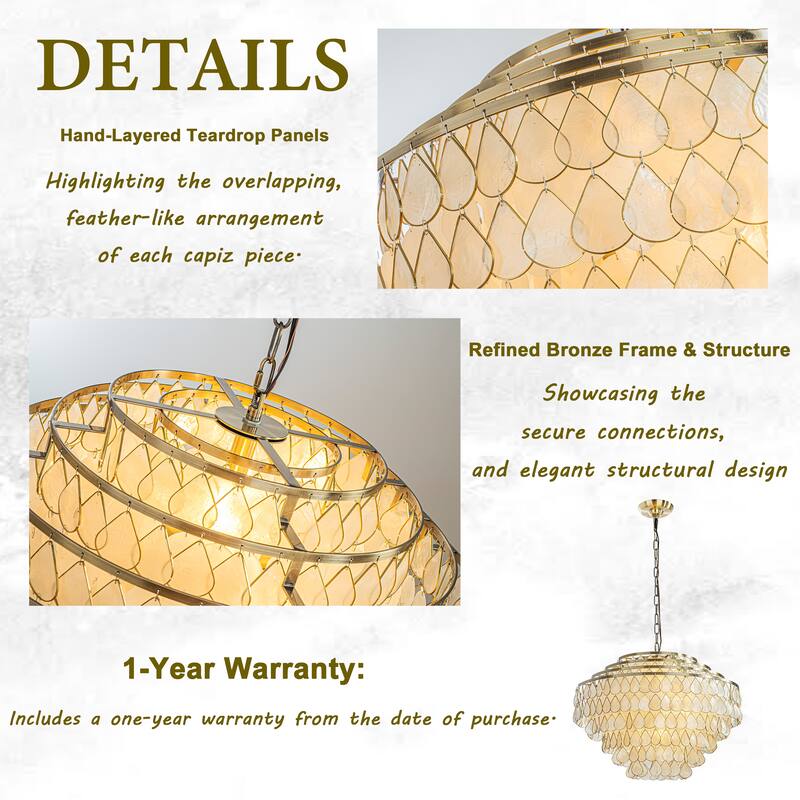 7-Light 24'' Mid-Century Modern Coastal Aged Bronze 4-Tier Natural Capiz Shell Chandelier Glam Pendant Light For Dining Room