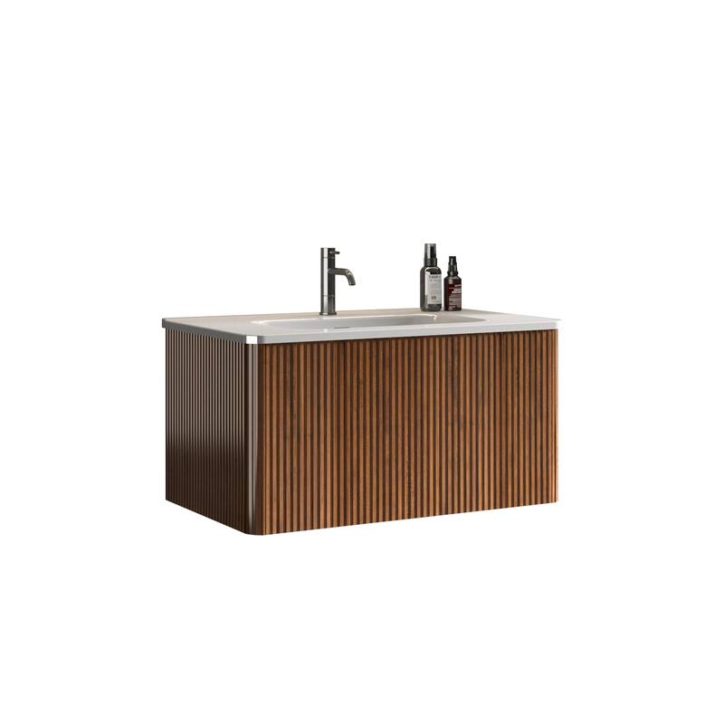 36" Etna Floating Vanity with White Ceramic Sink, Striped Black Oak Texture, Curved Edges