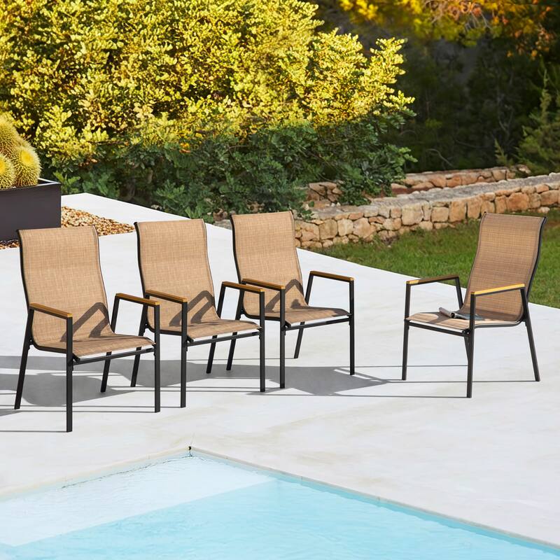 Patio Stackable Textilene Dining Chairs Set of 4, Faux Wood Armrests