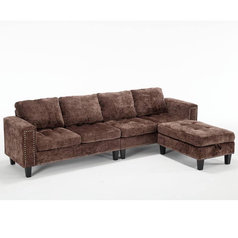 Contemporary Modular Sectional Sofa with Chenille Upholstery and Storage Ottoman for Living Room or Guest Room