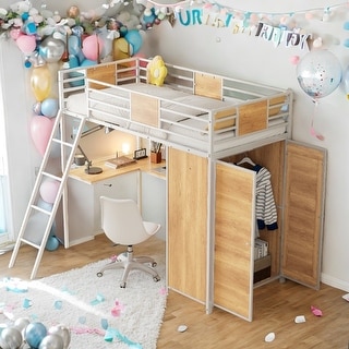 Twin Size Loft bed with L-shape Desk and Wardrobe