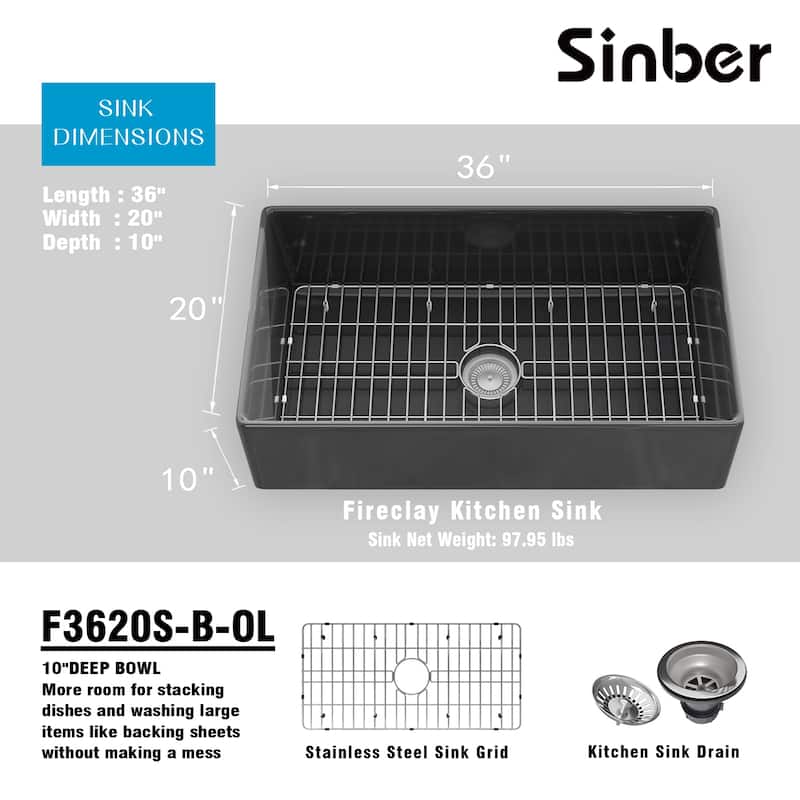 Sinber Farmhouse Apron Single Bowl Kitchen Sink with Fireclay White Finish