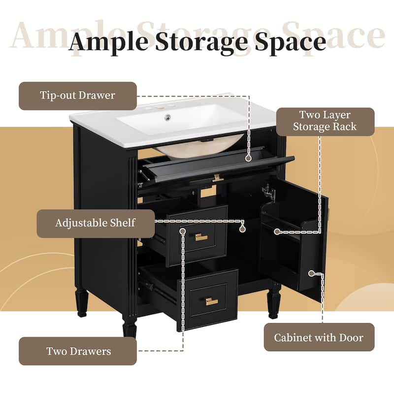 30" Bathroom Vanity with Sink, Bathroom Vanity Cabinet with One Flip Drawer and Two Drawers, Adjustable Shelf