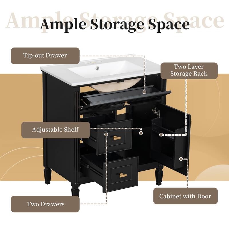 Roomfitters 30" Bathroom Vanity with Ceramic Sink, Solid Wood Frame with Flip Drawer, 2 Side Drawers & Adjustable Shelf