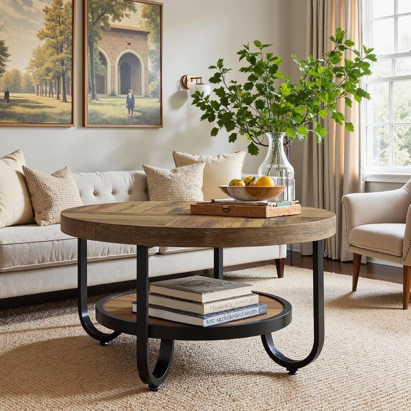 31.1" Brown MDF Industrial Coffee Table, 2-Tier Round Cocktail Tea Table with Metal Legs for Living Room, Receptionist Room - Brown