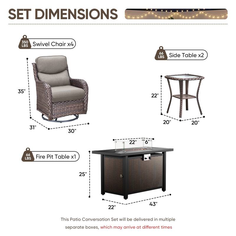 Pocassy Patio Sofa Swivel Chair Set with 43" Fire Pit Table