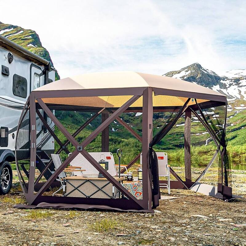 Outdoor 12'x12' Portable Hexagon Pop-Up Gazebo, Instant Outdoor Canopy Tent - 12X12 Ft - Kahki