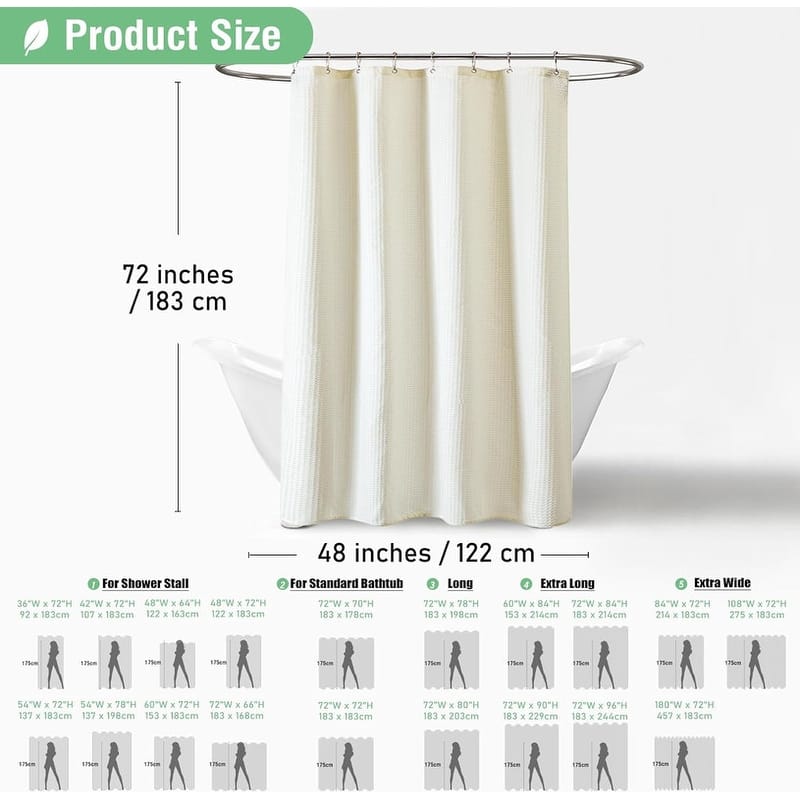 Waffle Textured Heavy Duty Thick Fabric Shower Curtain, Luxury Weighted Polyester Fabric Shower Curtain Set