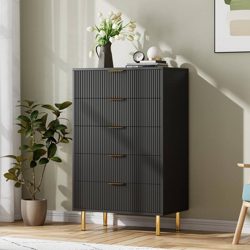 5 Drawer Dresser for Bedroom with Gold Handles, Modern Wooden Chest of Drawers - Black