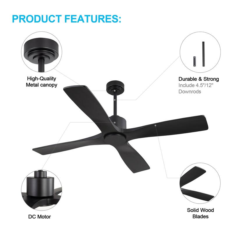 MLiAN 48" DC Motor Indoor Ceiling Fan, 4 Solid Wood Blades...