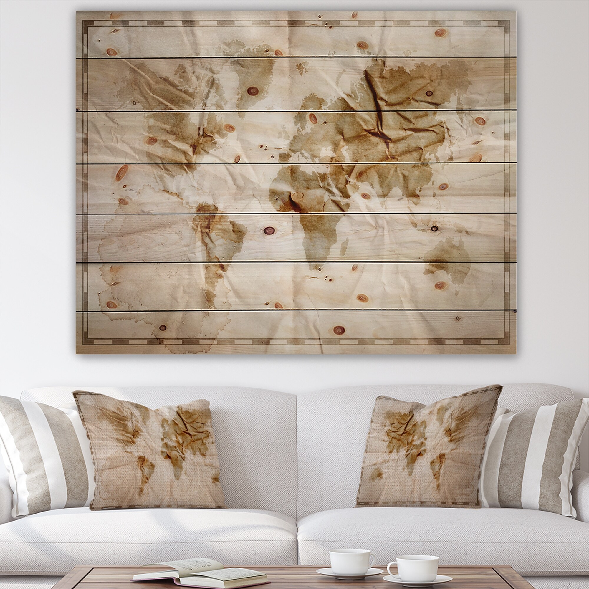 Designart 'Vintage World Map' Vintage Print on Natural Pine-image
