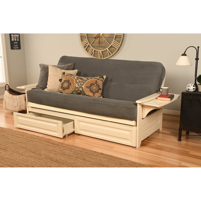 Somette Phoenix Futon Set in Antique White Wood with Innerspring Mattress and Storage Drawers - Marmont Thunder