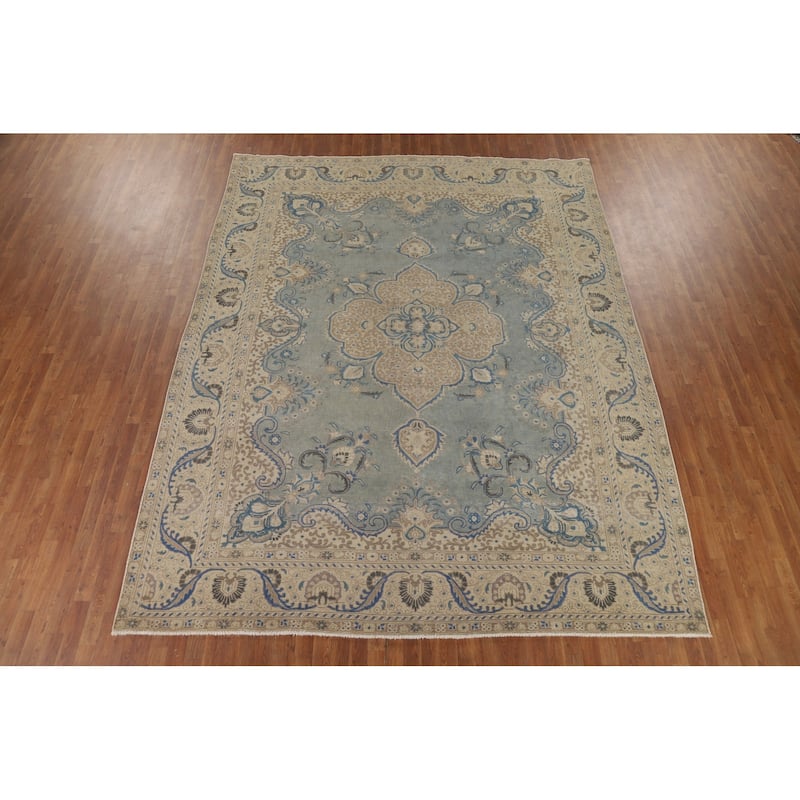 Distressed Blue Tabriz Vintage Persian Area Rug Handmade Wool Carpet - 9'7" x 12'2"