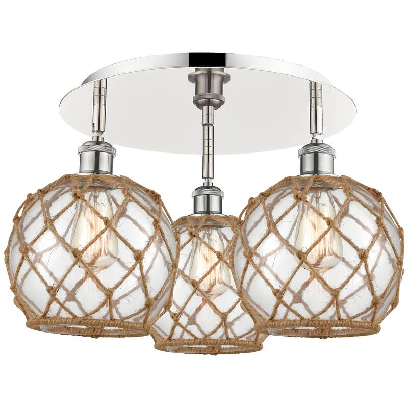 Innovations Lighting 516-3C-12-20 Farmhouse Rope Semi-Flush Farmhouse - Polished Nickel / Clear Glass with Brown Rope