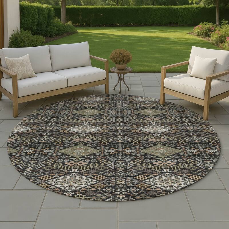Machine Washable Indoor/ Outdoor Global Flory Chantille Rug - Black - 8' x 8'