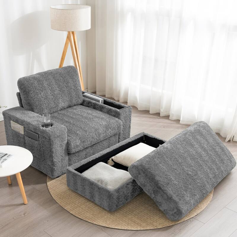 Anmytek 42 Oversized Chaise Lounge Sleeper Chair - with Storage Ottoman Armrests Cup Holders Deep Seat - Grey