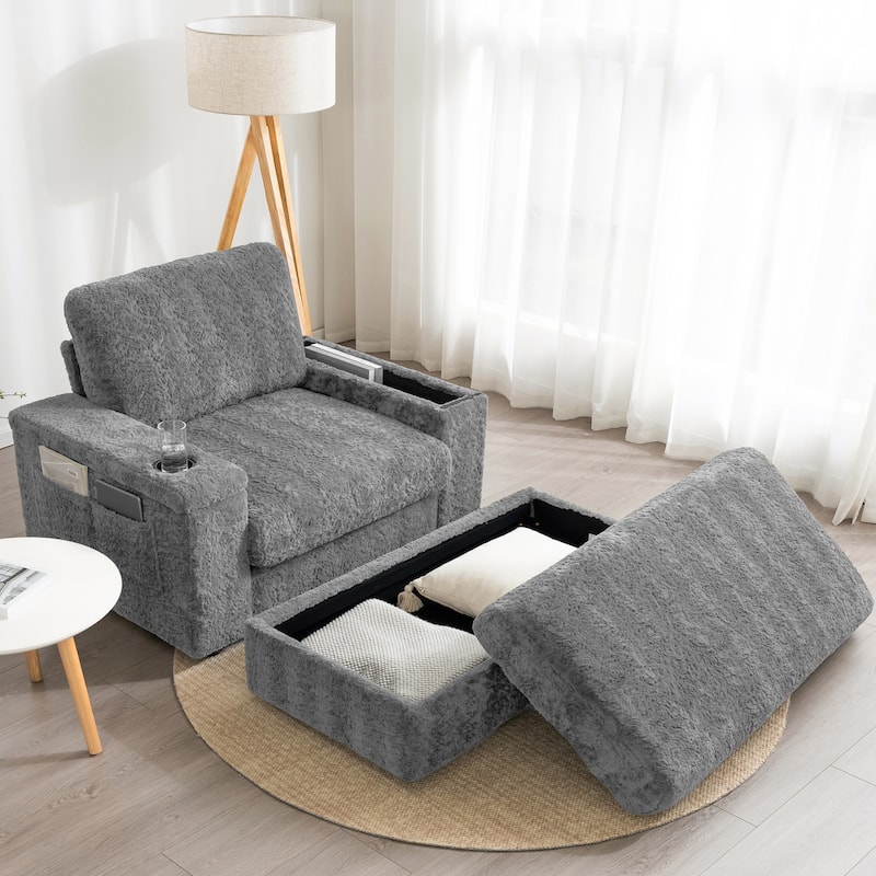 Roomfitters Oversized Chaise Lounge Sofa Bed with Ottoman, Faux Fur Sleeper Chair with Cup Holders - Grey