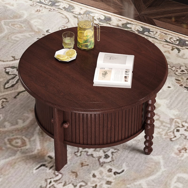 30''x30'' Vintage Round Coffee Table with Sliding Door