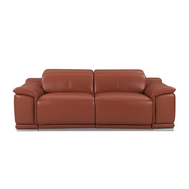 HomeRoots 86" Camel Italian Leather USB Reclining Sofa With Silver Legs