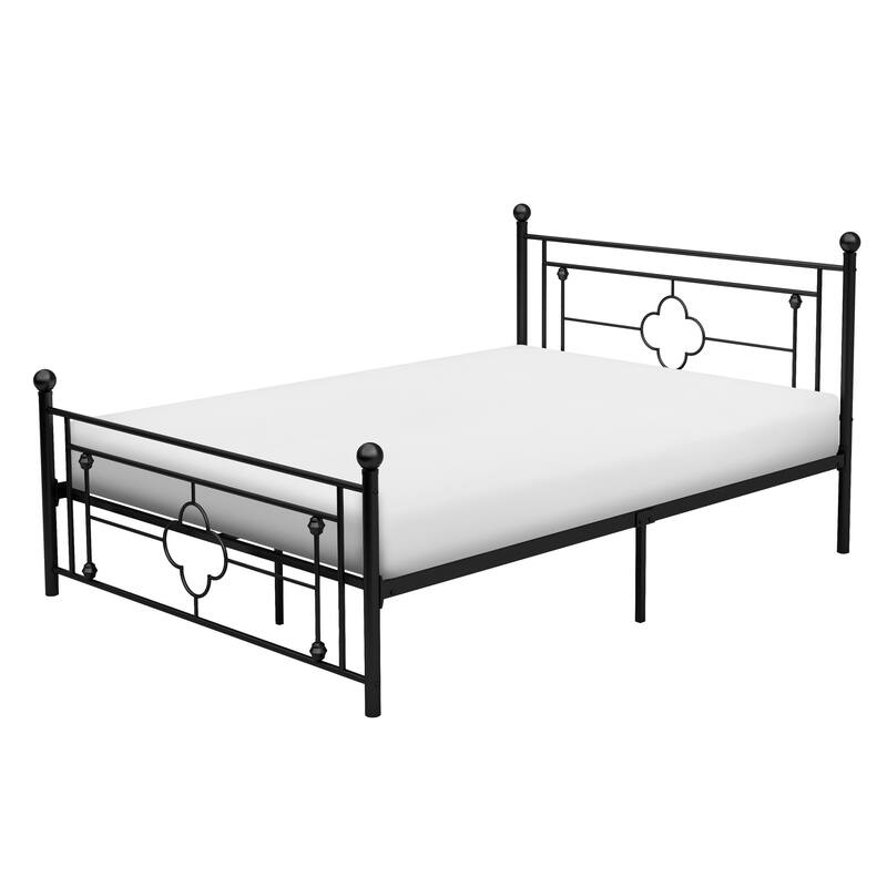 Full Size Metal Platform Bed with Ball Finials and Quatrefoil Design