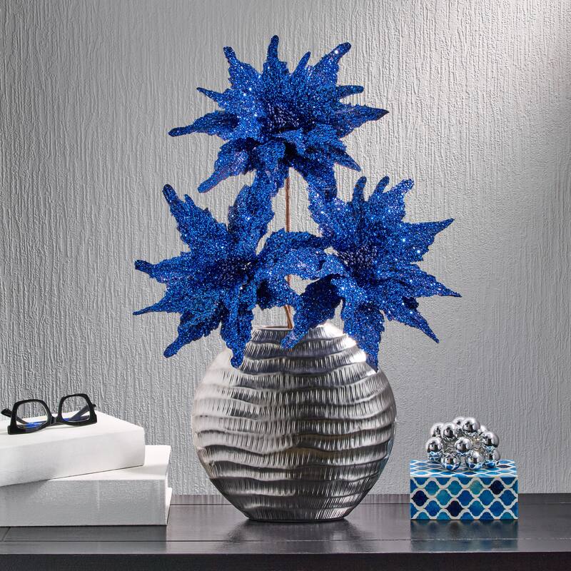 22" Sequin Glitter Poinsettia Stem - Blue