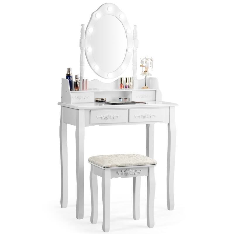 Gymax Makeup Vanity Dressing Table Set w/10 Dimmable Bulbs Cushioned - See Details - White