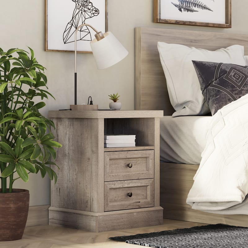 COZAYH Farmhouse Nightstand with Charging Station, Vintage Bedside Table Featuring Outlet & USB Ports, 2 Drawers and Open Shelf