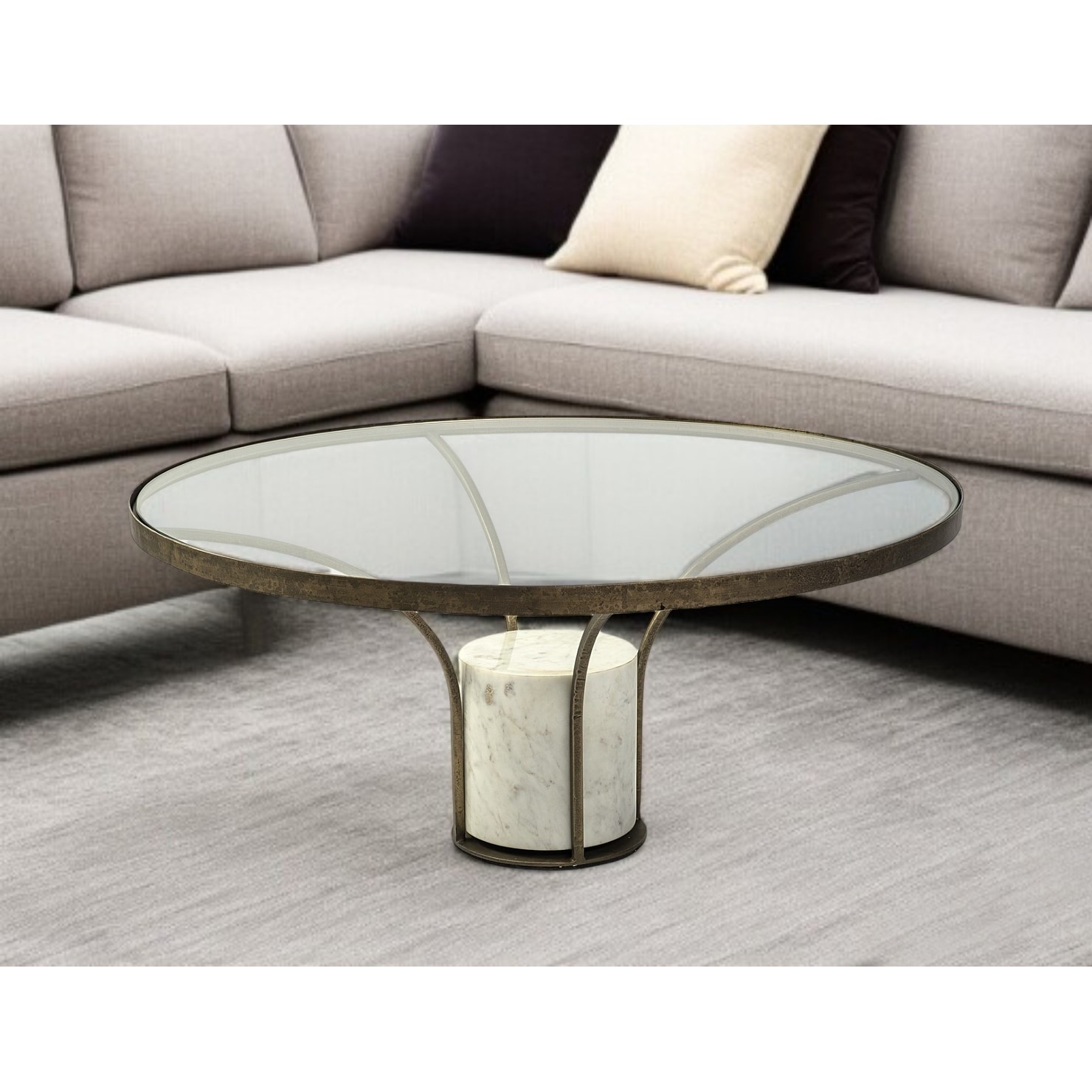 HomeRoots 36" Antiqued Gold And White Glass Iron and Marble Round Pedestal Coffee Table - 36.00 in. x 16.00 in. x 36.00 in.
