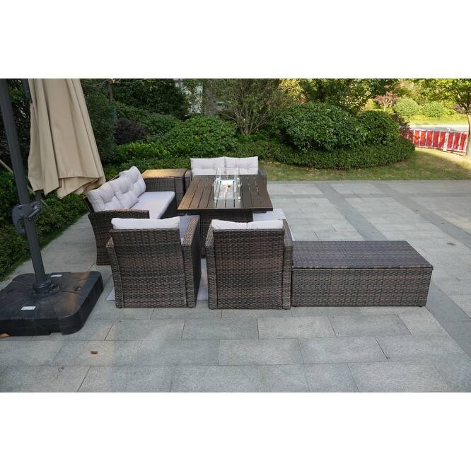 7-Piece Patio Wicker Sofa Set With Aluminum Dining Table and Storage End Table