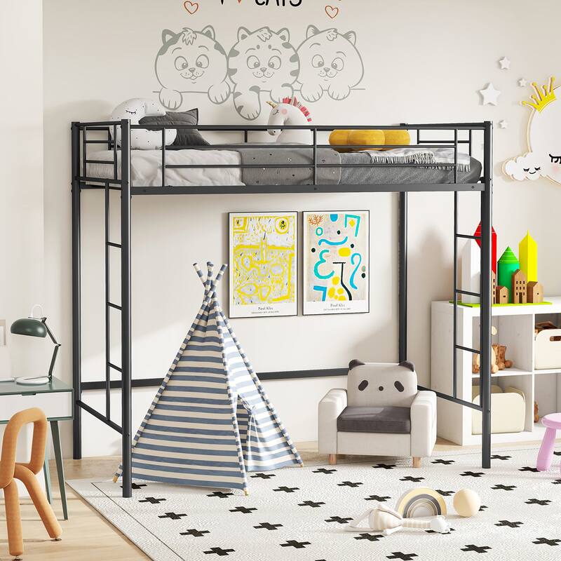 Gymax Metal Twin Loft Bed Space-saving Loft Bed Frame w/ Full-length