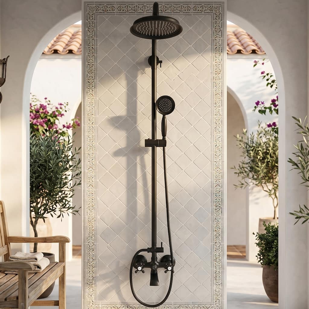 64"H Solid Brass+Stainless steel Wall Mounted 3-Function Vintage Outdoor Shower