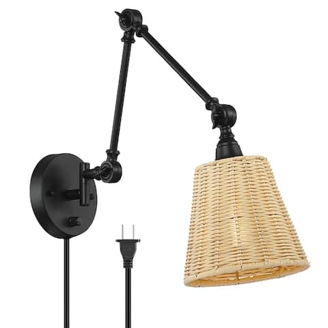1-Light Black Rustic Natural Rattan Plug-In Swing Arm Wall Lamp with Dimmer Switch - Black/rattan - 7.1 in. W