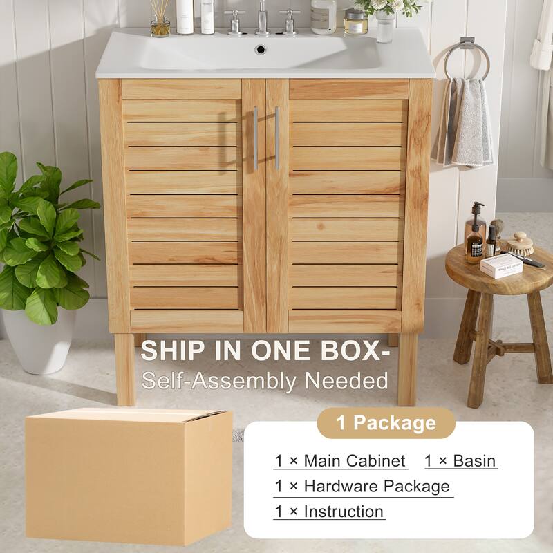 Roomfitters 30" Antique Bathroom Vanity with Ceramic Sink, Mid-Century Cabinet with Soft-Close Doors, Antique Natural