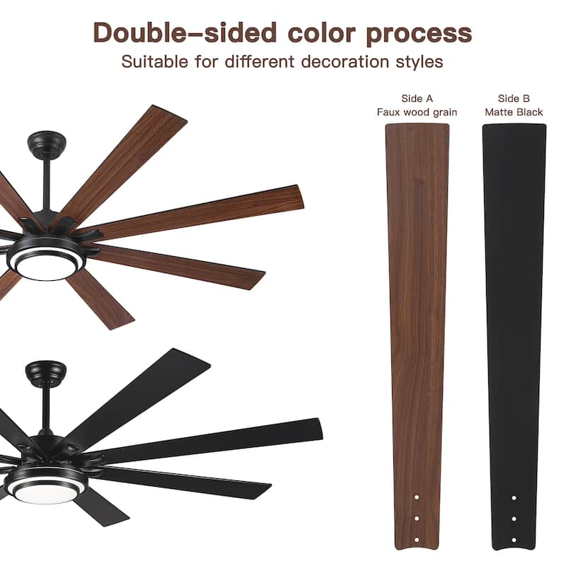52"/66"/72"/76 Inch Modern Ceiling Fan with Dimmable LED Light ,Remote&APP Control,8 Blades for Large Living Room,Porch - 72 Inch - Double Side Color-Black and Brown