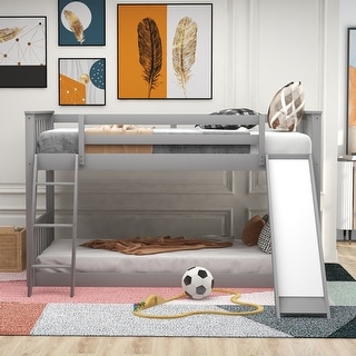 Twin Low Bunk Bed with Reversible Slide and Ladder, Grey