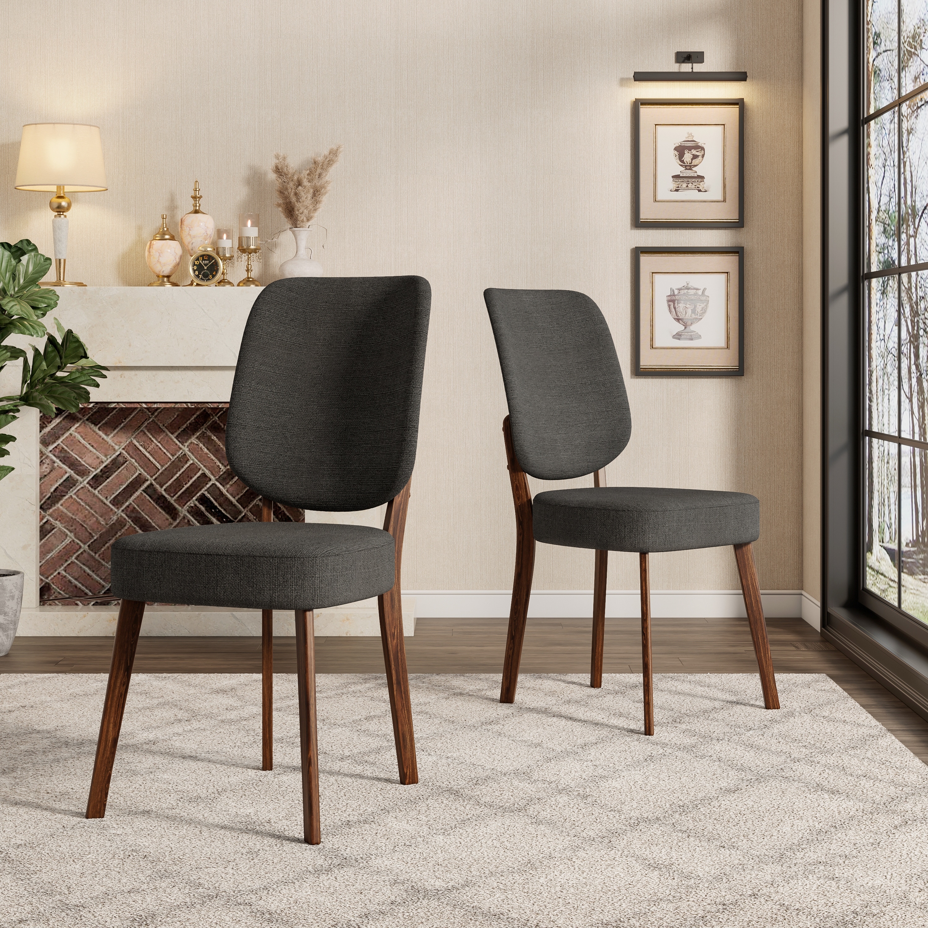 Mid-Century Modern Upholstered Dining Chairs with Dark Brown Solid Wood Legs (Set of 2)