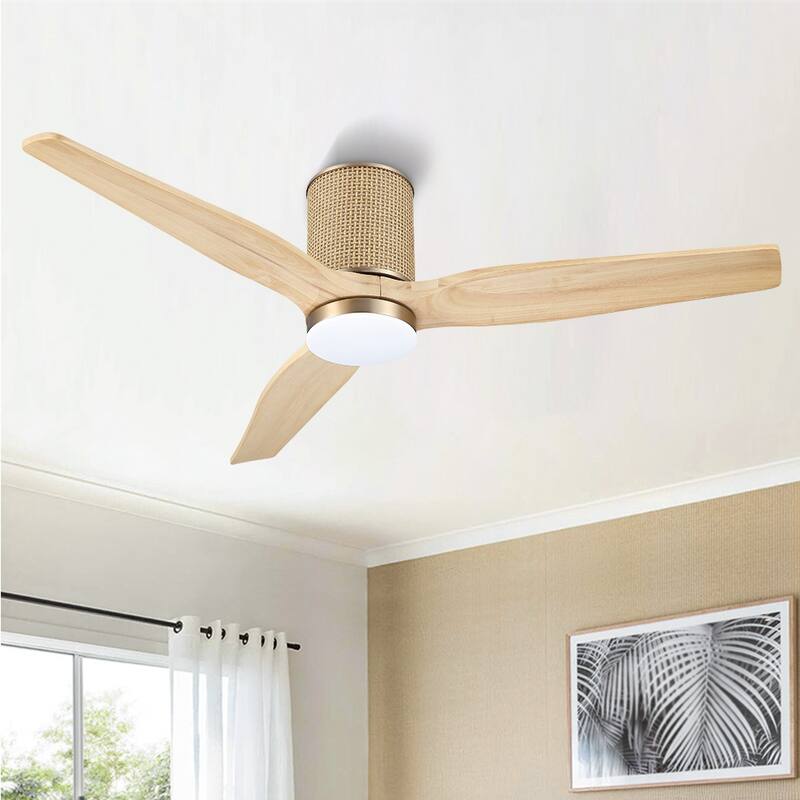 MLiAN 52 In. 3 Solid Wood Blades Flush Mount Ceiling Fan with Light Kit - 52" - Wood/Gold
