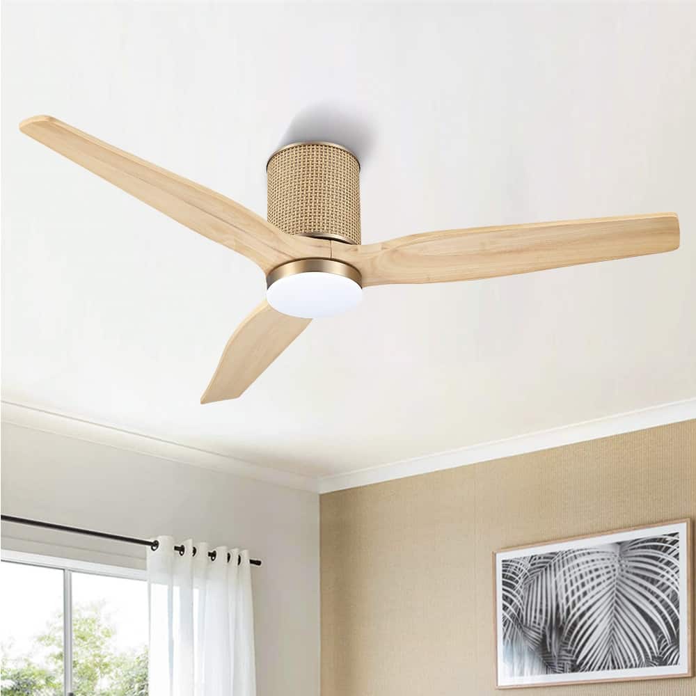 MLiAN 52 In. 3 Solid Wood Blades Flush Mount Ceiling Fan with Light Kit - 52"