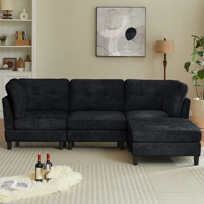 99.41" Chenille High Armrest L Shaped Sofa - Black