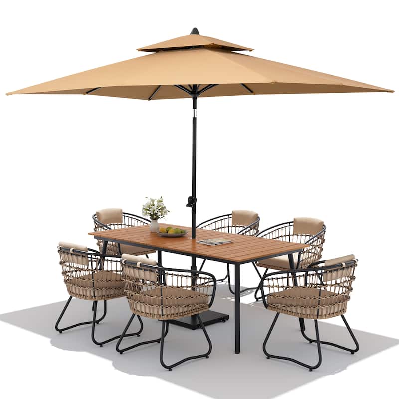 9PC Outdoor Patio Dining Set Aluminum Table with Rattan Chairs w/ Premium Market Umbrella Sets
