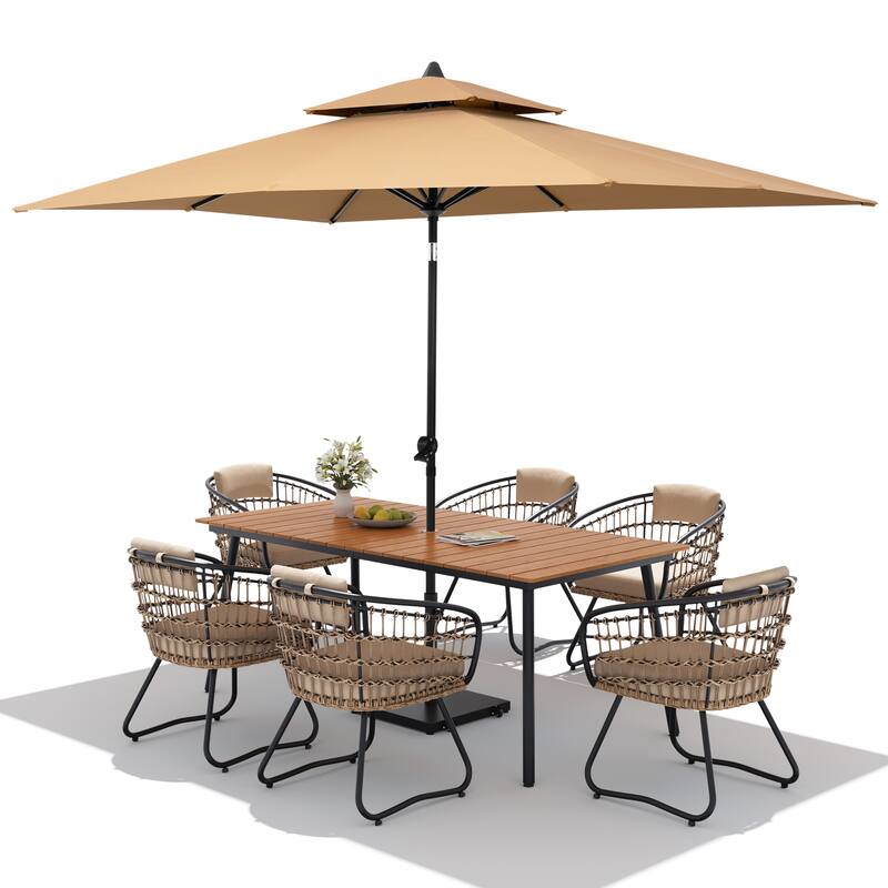 9PC Outdoor Patio Dining Set Wood-Like Aluminum Umbrella Hole Table with Rattan Chairs,Double Top Market Umbrella and Wheel Base
