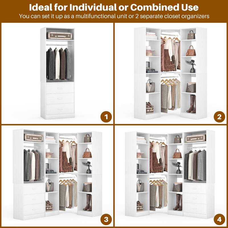 Kyrvo 63.2'' W Set of 2 Freestanding Corner Closet System with 3 Wood Drawers and 3 Hanging Rods for Walk-in/Reach-in Closet
