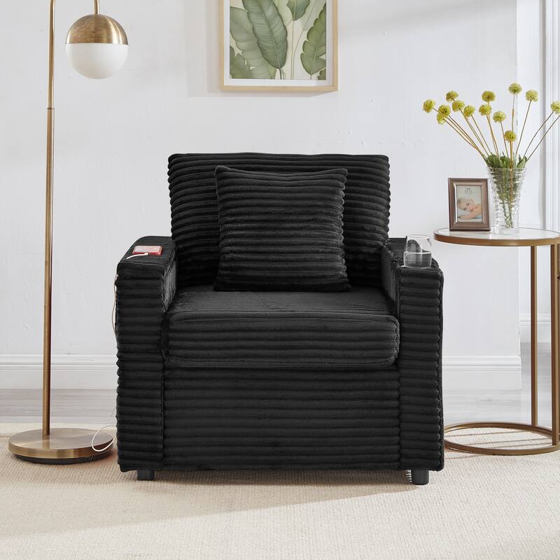 Single Lazy Sofa Chair with Storage Ottoman, Chaise Lounge with USB Charging, Recliner Sofa Chair with Cup Holder
