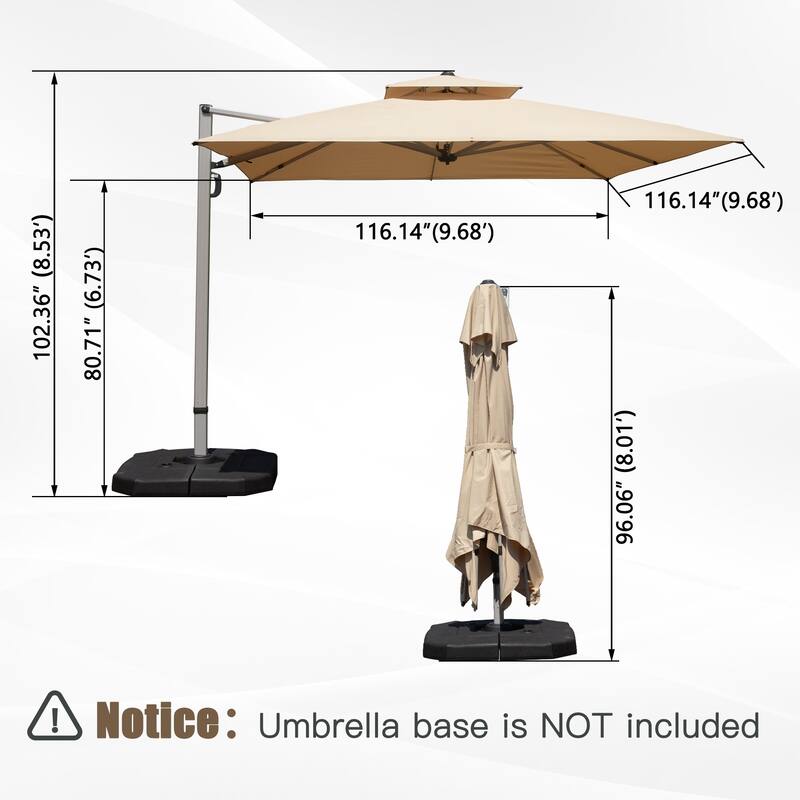 10x10 Square Cantilever Umbrella with Center Pole, Beige, 360° Rotation, 5-Position Tilt, Hydraulic Opening, UPF 50+