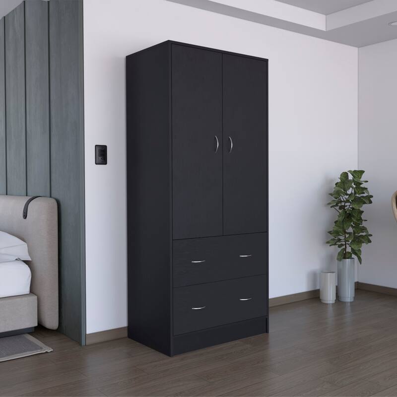 30.9" Modern Armoire with Double Doors, 2 Drawers and Hanging Rod for Bedroom