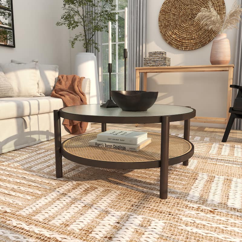 Rattan Living Room Coffee Table with Pressed Tempered Glass Top - Brown - Roche River Decor
